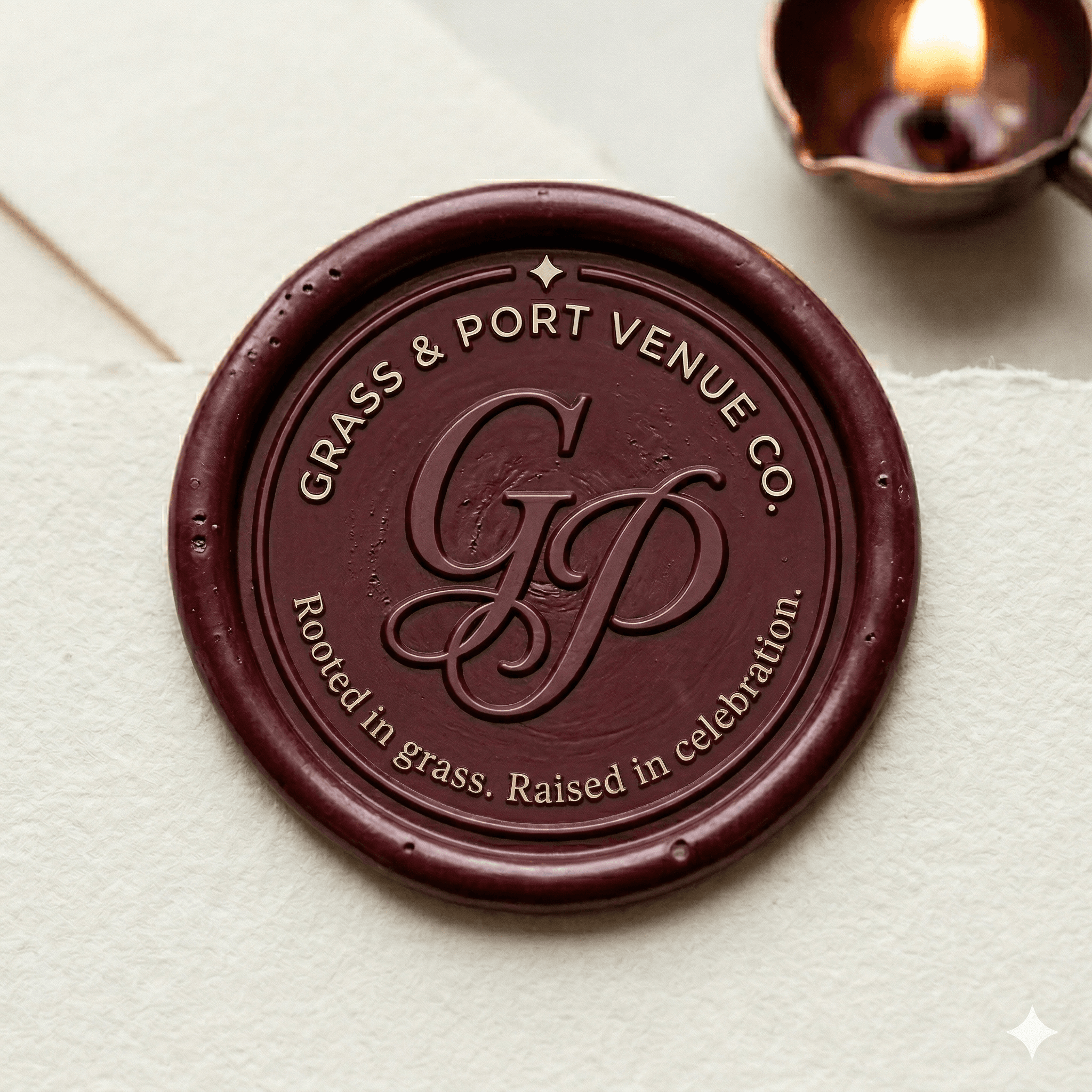 Grass & Port Venue Co. wax seal, embossed with the GP monogram and the tagline 'Rooted in grass. Raised in celebration.'